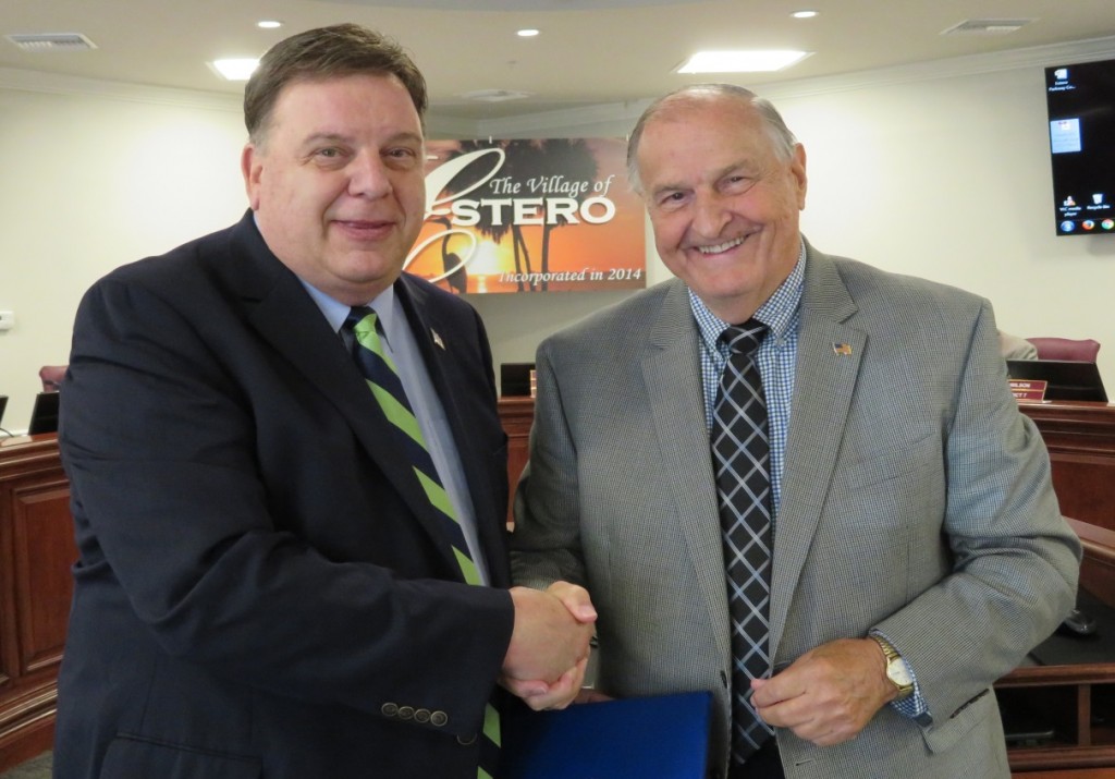 Vice-Mayor Bill Ribble (left) is congratulated by Mayor Jim Boesch